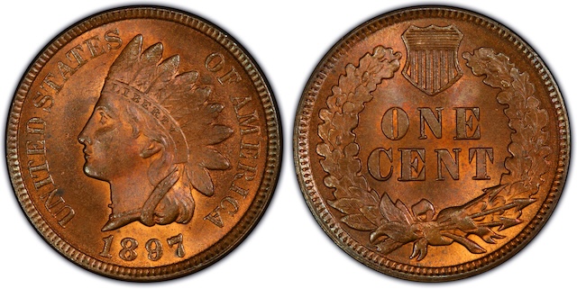 Side-by-side comparison of standard 1897 Indian Head Penny neck vs. '1 in Neck' FS-401 variety showing serif protruding above Lady Liberty's necklace