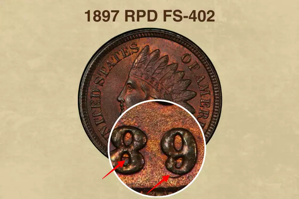 Close-up of repunched date on 1897 Indian Head Penny showing doubled or offset digits, FS-402 variety