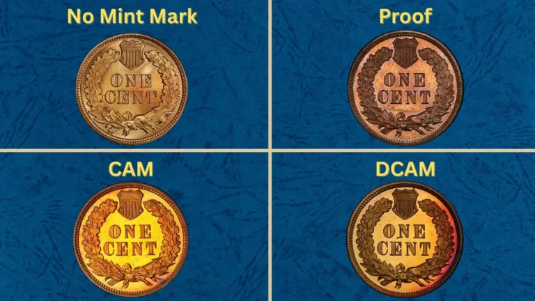Grading strip showing four 1897 Indian Head Pennies in progressive conditions from heavily worn Good grade through gem Mint State